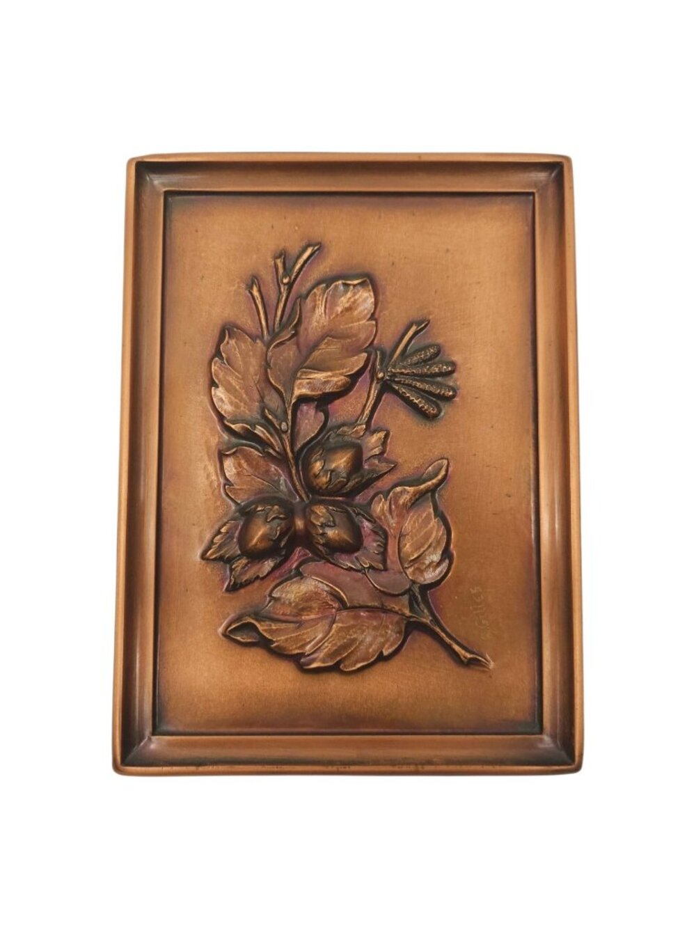 Albert Gilles Leaf Acorn Copper Wall Plaque Embossed Repousse Vintage Hanging